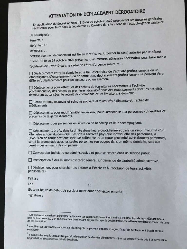 attestation de déplacement dérogatoire